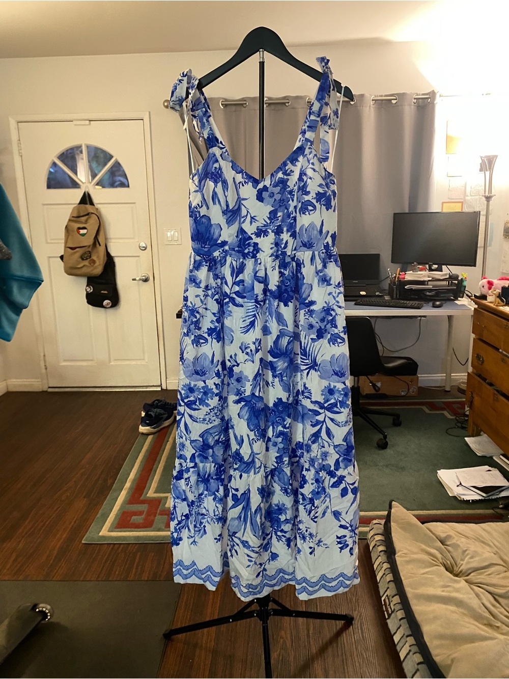Sam Edelman White Maxi Dress with Blue Floral Print and Tie Shoulders
